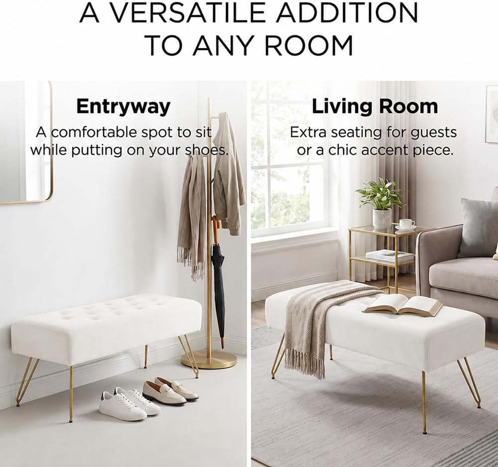 Velvet Button-Tufted Entryway Bench, 39.37" Modern Upholstered Bedroom Bench with Gold Metal Legs, Padded Rectangular End of Bed Bench for Living Room, Dining Room (White)