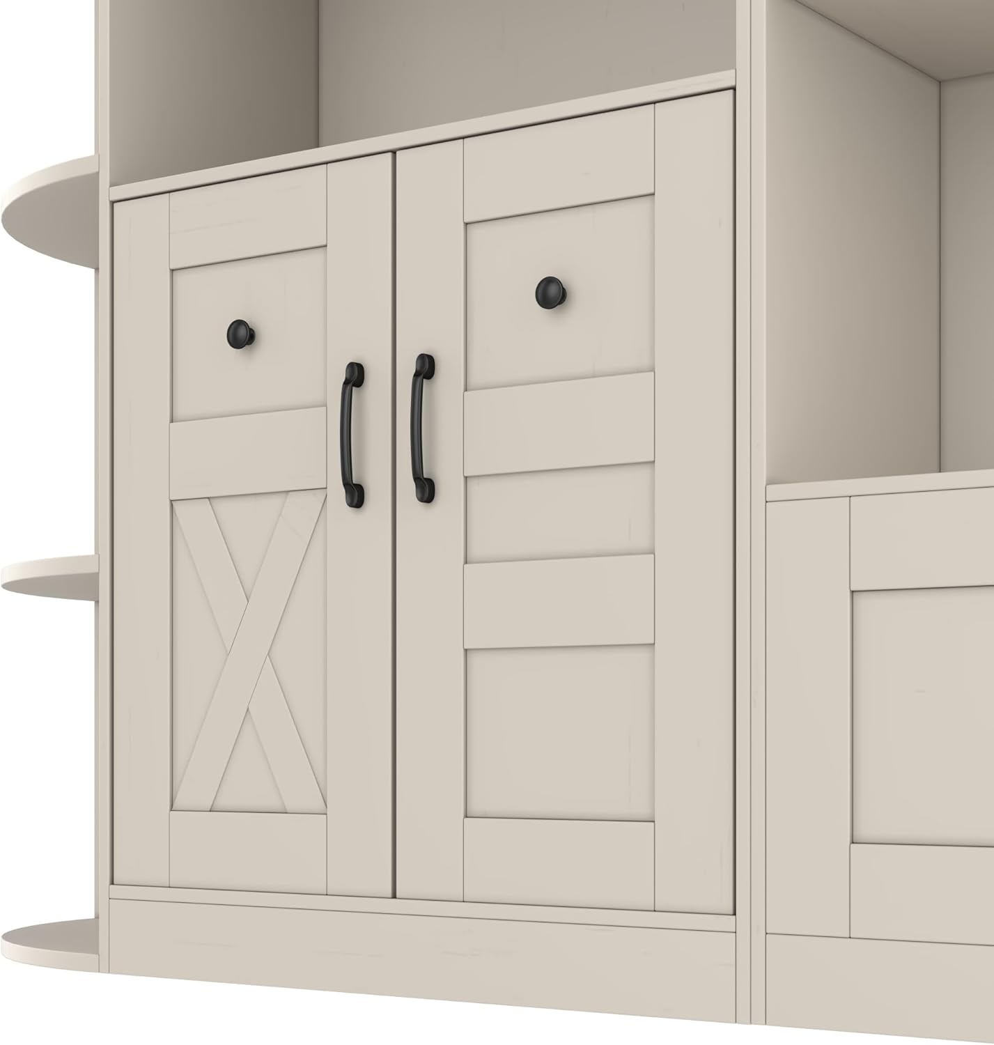 KEIKI Multifunction Entryway Storage Cabinet Set with Bench, Modular Hallway Organizer with Hooks, Open Shelves, Hidden Storage, Farmhouse Accent Cabinet for Living Room, Kitchen, Entryway, Beige