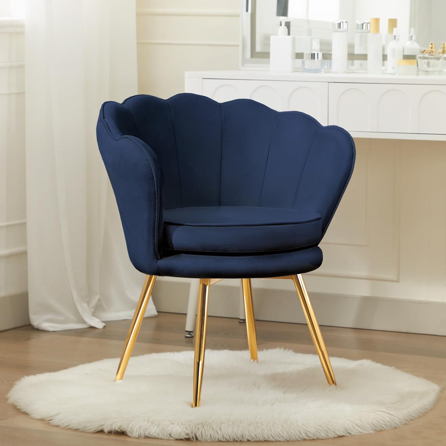 Czlolo Accent Chairs Set of 2, Velvet Vanity Chair with Back, Mid-Century Modern Small Accent Chair for Living Room, Golden Metal Legs Upholstered Makeup Chair, Bedroom Armchair, Dark Blue