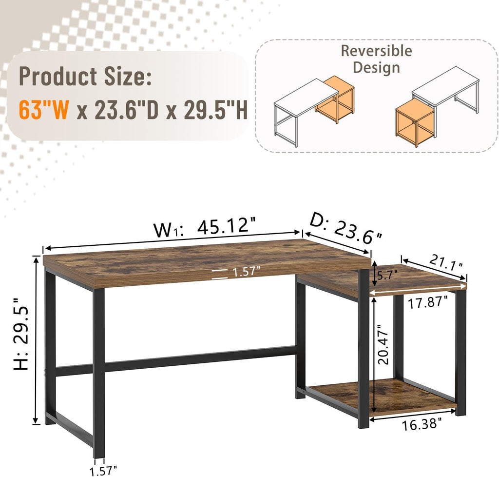 FOLUBAN Large Computer Desk for Home Office with Printer Space, Wood Study Gaming Workstation Table with Storage Shelves, Long Writing Desk for Bedroom Living Room, Rustic Brown, 63 Inch