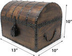 Nautical Cove Wood Treasure Chest with Decorative Rivets and Reinforcing Iron Strips with Lock and Skeleton Keys (Dark Antique, Large 13x10x10) – Wooden Keepsake Box, Pirate Decor, Storage Chest