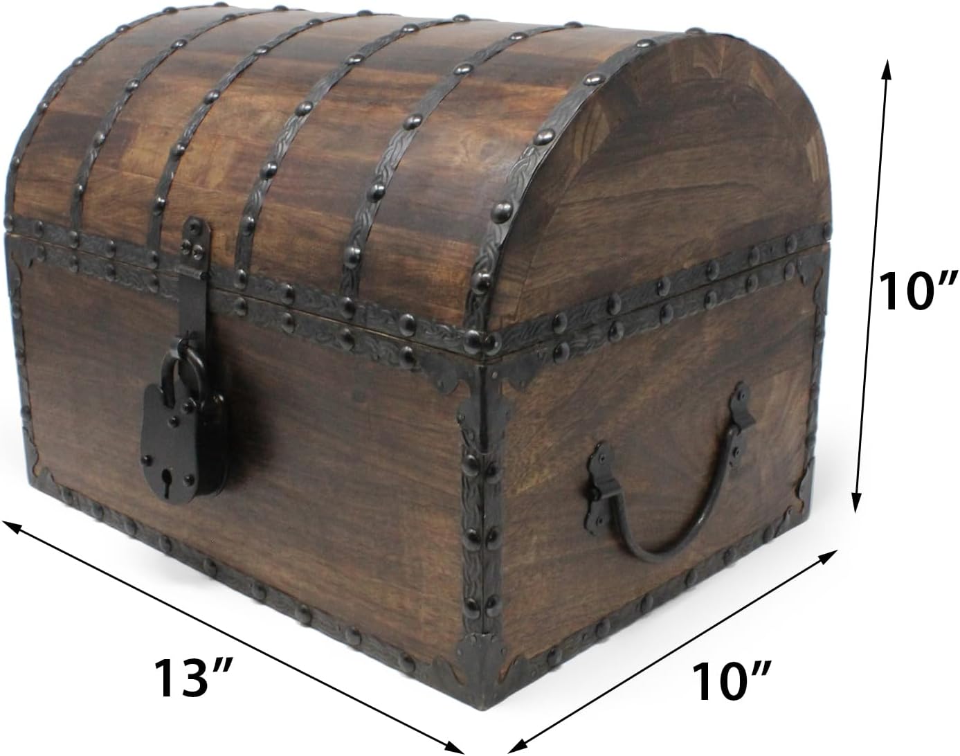 Nautical Cove Wood Treasure Chest with Decorative Rivets and Reinforcing Iron Strips with Lock and Skeleton Keys (Dark Antique, Large 13x10x10) – Wooden Keepsake Box, Pirate Decor, Storage Chest