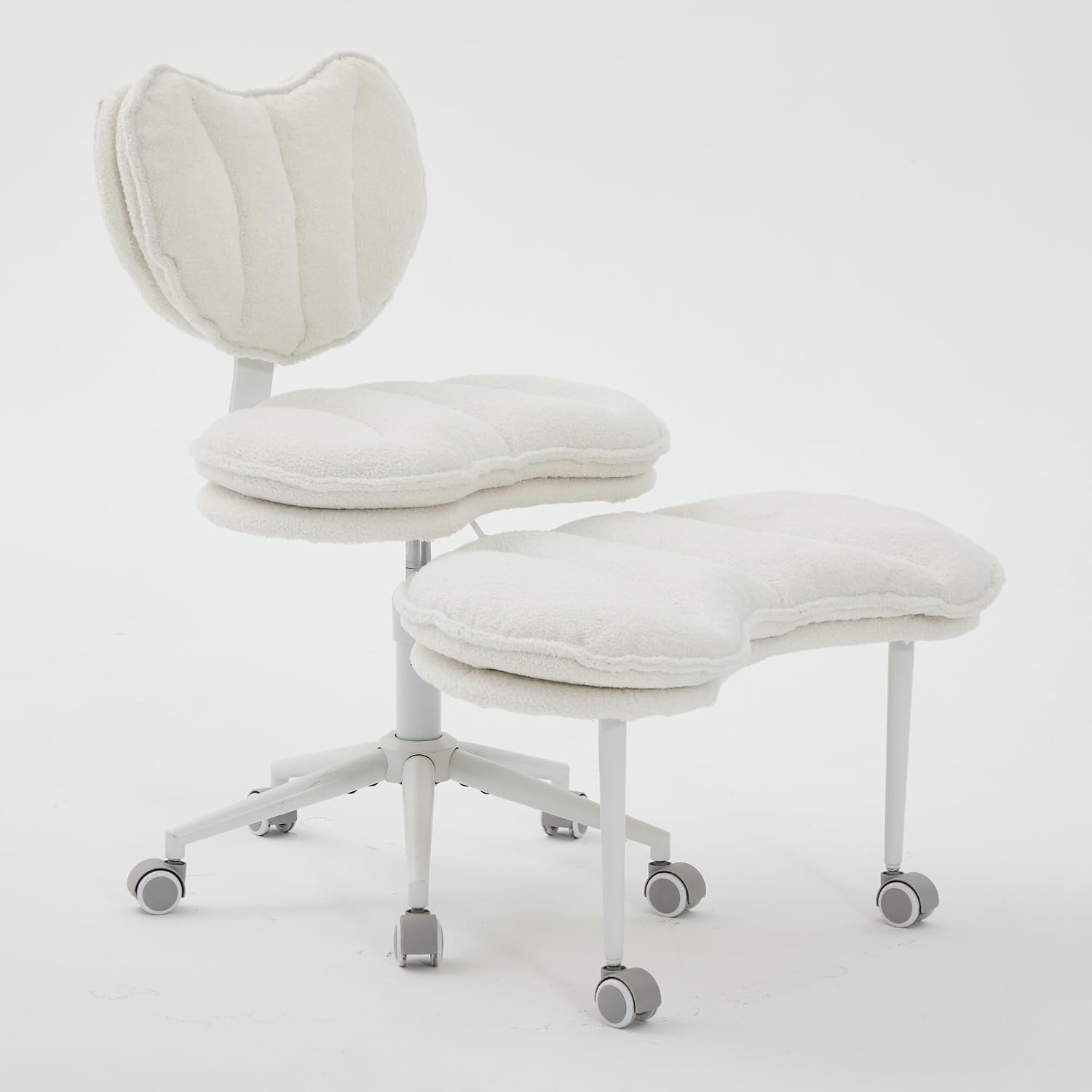 Cross Legged Office Chair with Wheels–360°Swivel Meditation Chair, Adjustable Height Yoga Office Chair for Adults, Ergonomic Kneeling Chair with Back Support for ADHD,Teddy Fabric Ivory