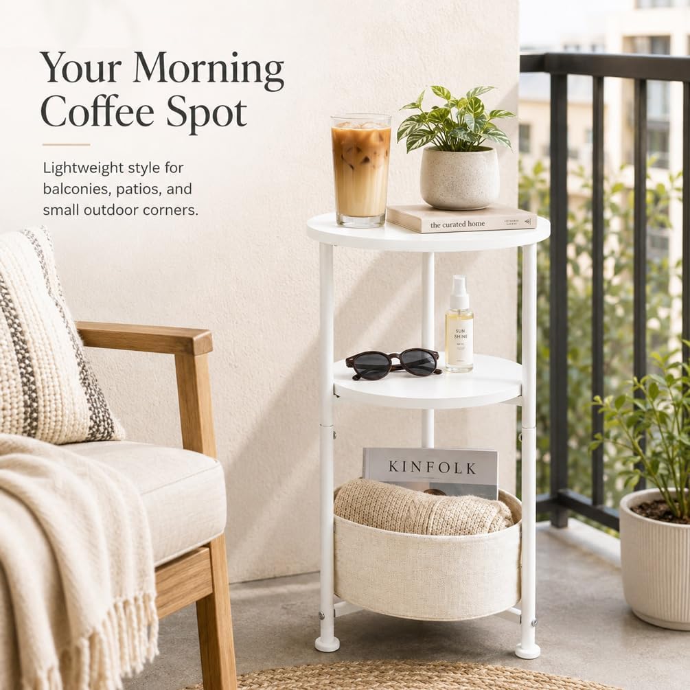 Small Round Side Table with Storage Basket, 3-Tier Narrow End Table Nightstand for Living Room Bedroom, 11.8" Diameter Modern Bedside Table for Small Spaces, Wood Grain & Metal Frame (White)