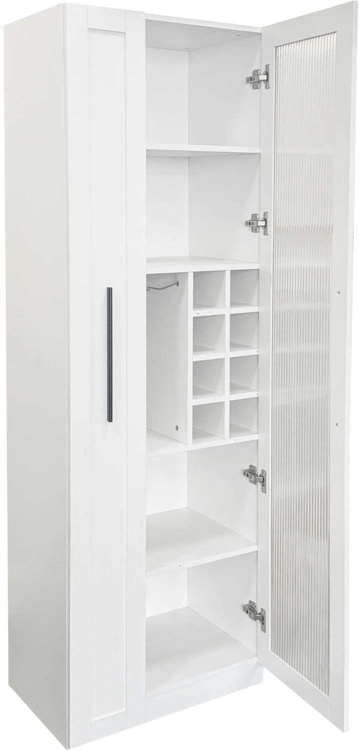 LUMISOL Kitchen Pantry Cabinet with Pull-Out Multi-ttier Storage Shelf, Kitchen Storage Cabinet with Glass Door, Pantry Organizers for Living Room Dining Room, White
