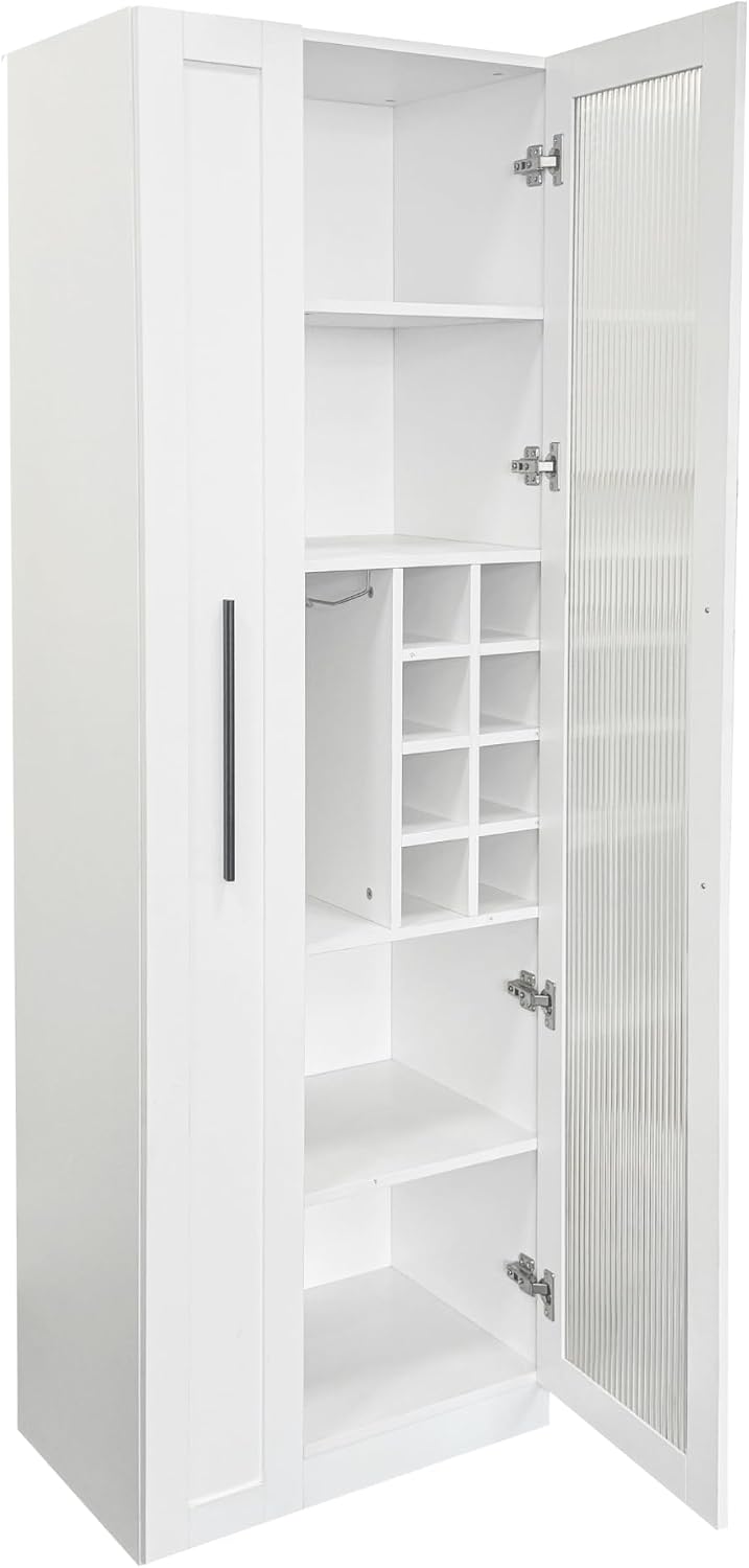 70.87" Multi-Functional Farmhouse Kitchen Pantry Cabinet with Pull-Out 5-Tier Storage Shelf & Glass Doors – Expandable Organizer for Kitchen, Dining Room, Bar & Office (Durable Melamine Finish)