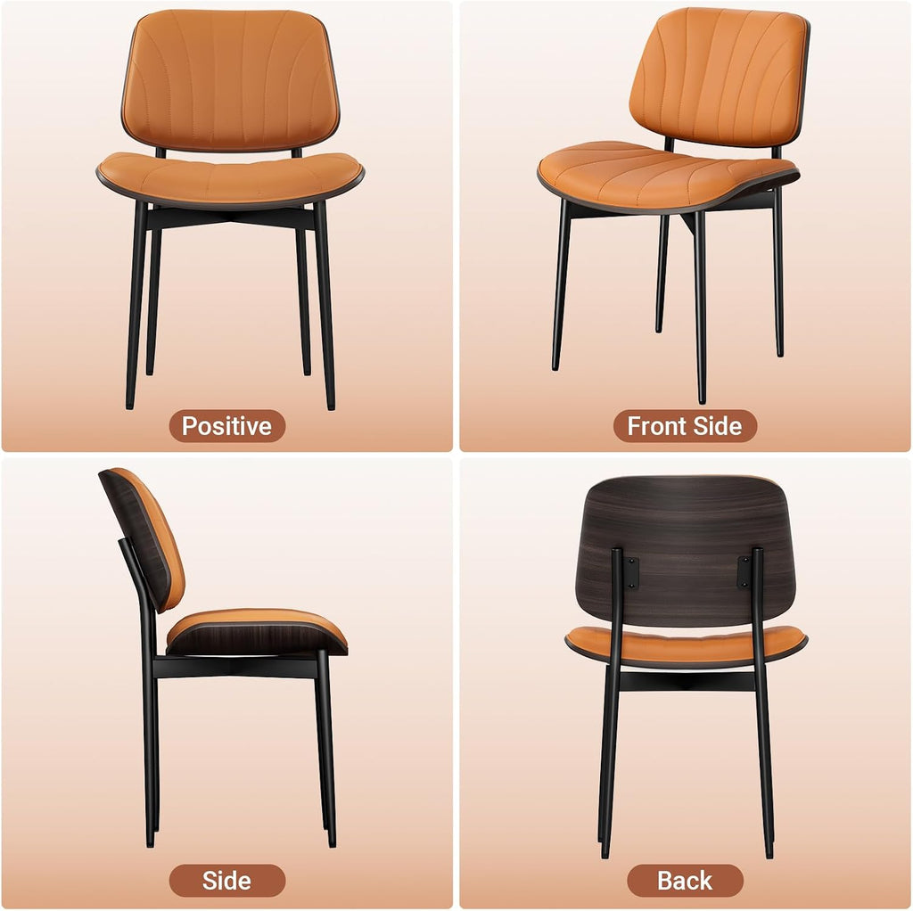 YaFiti Dining Chairs Set of 4, Mid Century Modern Dining Room and Kitchen Chairs, Upholstered PU Leather Chairs with Walnut Bentwood and Metal Legs, Orange