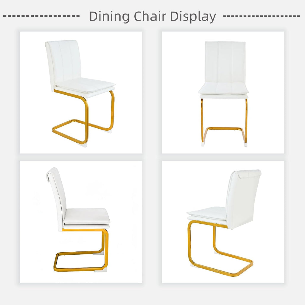 Meihua Dining Chairs Set of 4, PU Leather Modern Chairs with High Back and Metal Frame, Ergonomic Dining Room Chairs for Home, Office and Restaurant, White and Gold