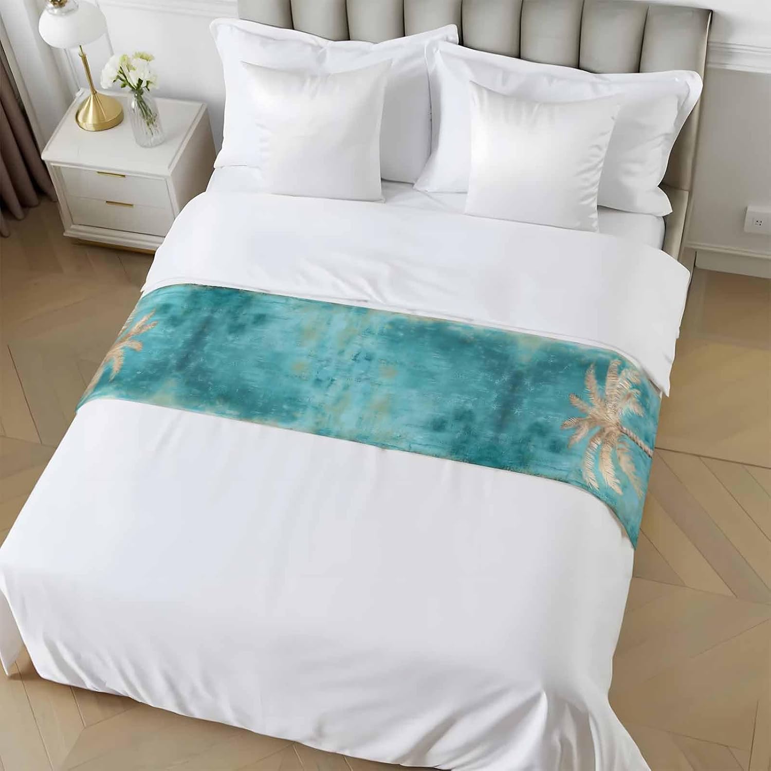 Coastal Beach Tree Bed Runner Scarf King Size, Vintage Teal Brown Tropical Palm Tree Luxury Bed Throw Runners & Scarves for Twin Full Queen King Foot of Beds, Bedroom Decoration, 94"x20"