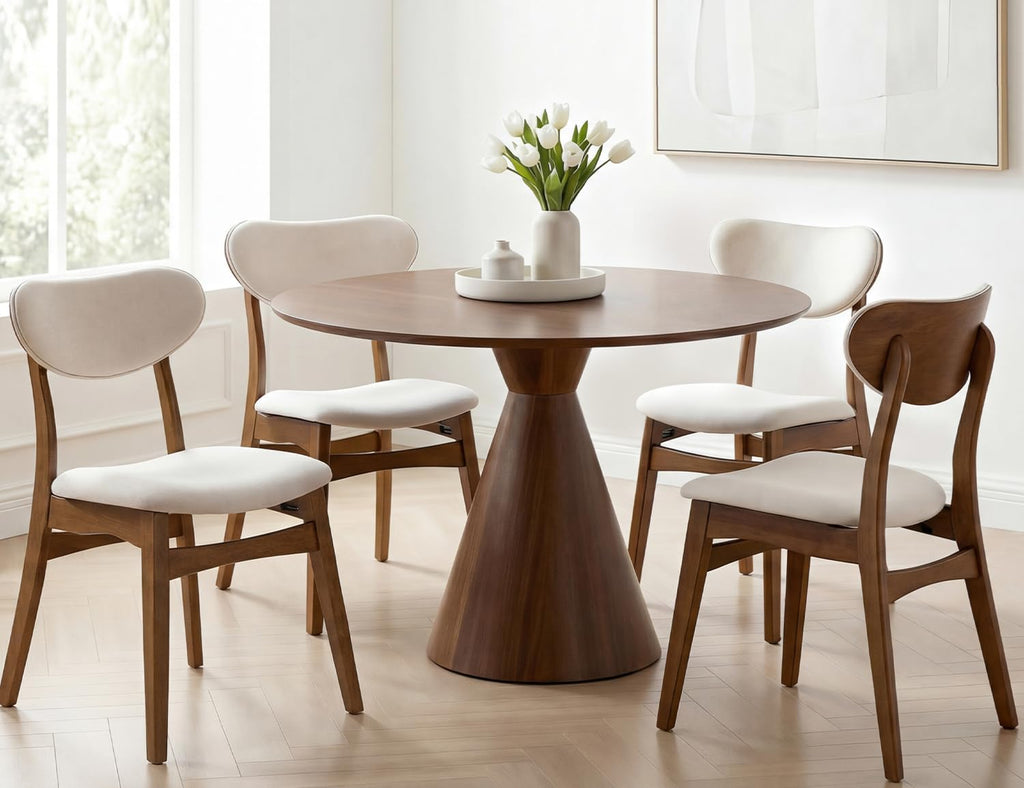 Wooden Dining Chairs Set of 4 - Farmhouse Fabric Upholstered Kitchen Chairs with Curved Back, Solid Wood Mid-Century Modern Side Chair for Dining Room, Beige & Walnut