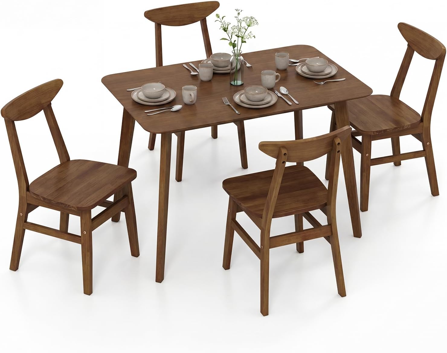 Giantex 5-Piece Dining Table Set for 4, Mid-Century Modern Kitchen Table and Chairs Set with Solid Rubber Wood Frame, Wooden Dinette Set for Small Space, Dining Room, Breakfast Nook