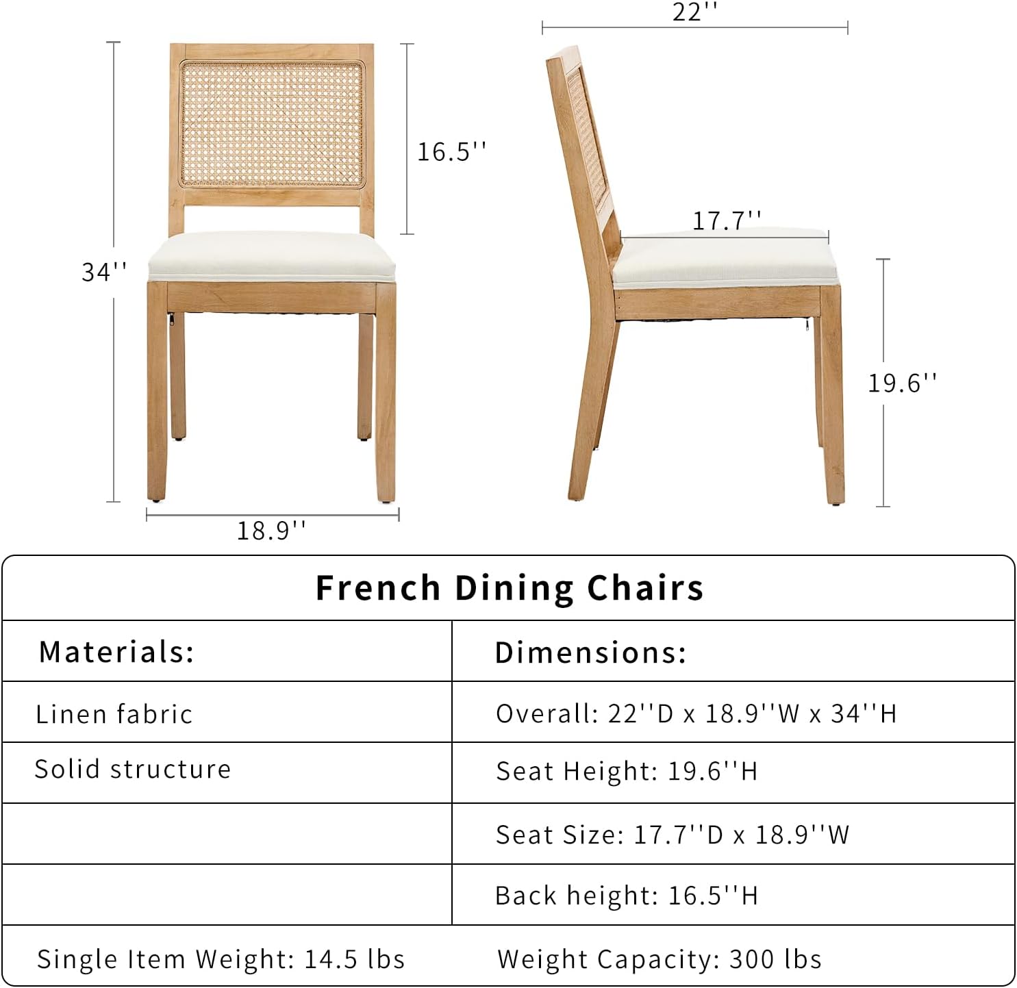 ODUSE-DAILY French Country Dining Chairs Set of 6, Cream Kitchen & Dining Room Chairs Set of 6, Ivory Rattan Dining Chairs, Cane Low Back, Wood Legs, Sillas De Comedor (Rattan, Beige, 6Pcs)