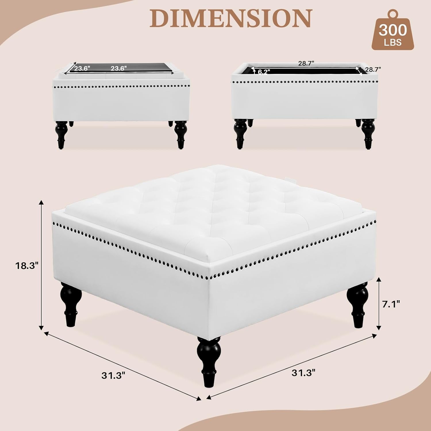 Storage Ottoman Coffee Table, Large Ottoman with Storage Oversized Square Footstool with Anti-Slip Embedded Lid, Tufted Upholstered Ottomans for Living Room, White Faux Leather