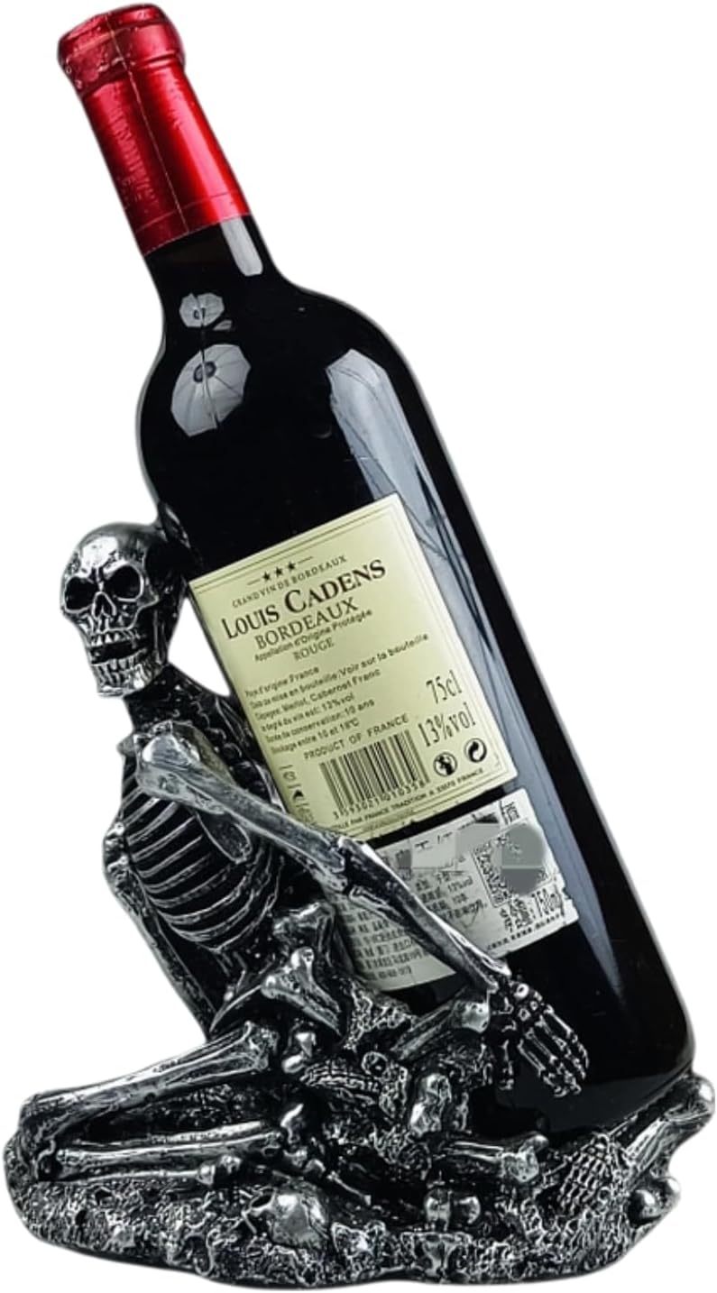 Gothic Skull Decorated Wine Bottle Rack, Halloween countertop Small Wine Rack, Room Emotional Decoration (Silvery)