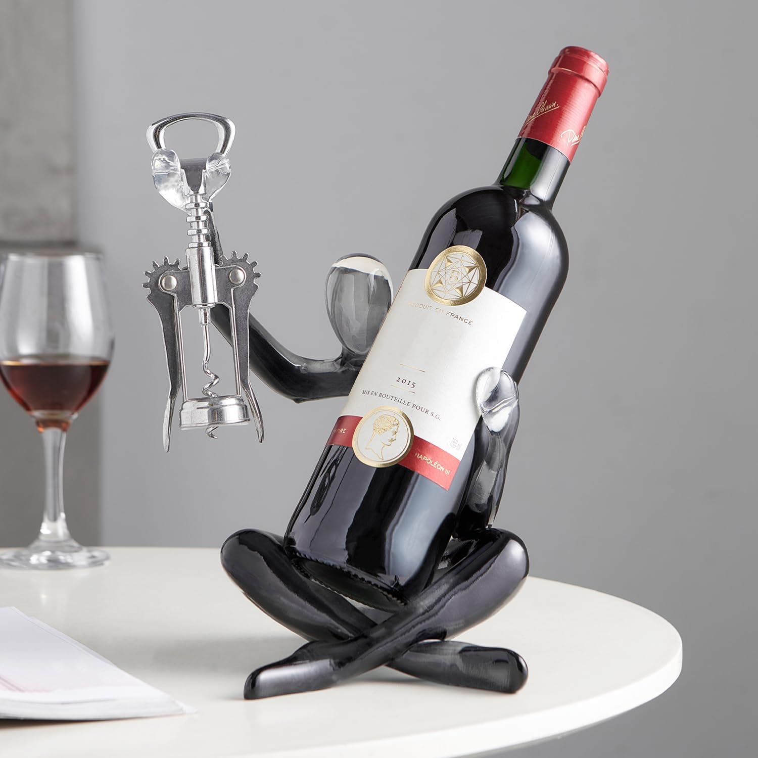 Thinker Statue Wine Rack, Transparent Gray Modern Rack for Kitchen Table Decor, Single Wine Bottle Holder Countertop for Bar, Small Bottle Holder Rack