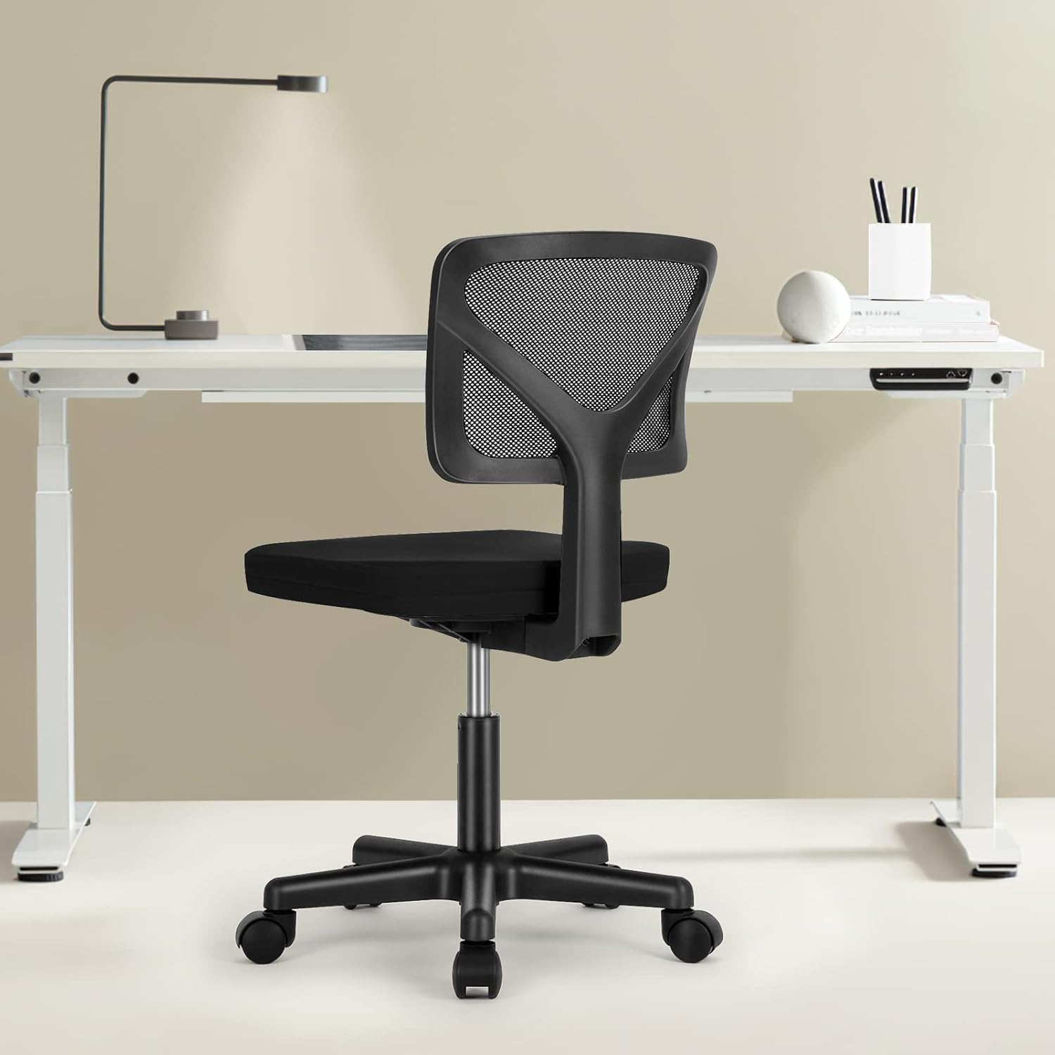 Sweetcrispy Small Office Desk Chair, Ergonomic Low-Back Mesh Rolling Work Swivel Chairs with Wheels, Armless Comfortable Seat Lumbar Support for Home, Bedroom, Study, Student, Adults,Classic Black