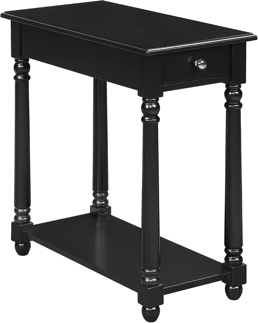 Convenience Concepts French Country Regent Chairside End Table 23.75" - 3 Tier Narrow Farmhouse Side Accent with Storage Drawer & Shelf for Transitional Living Room, Bedroom Nightstand, Black