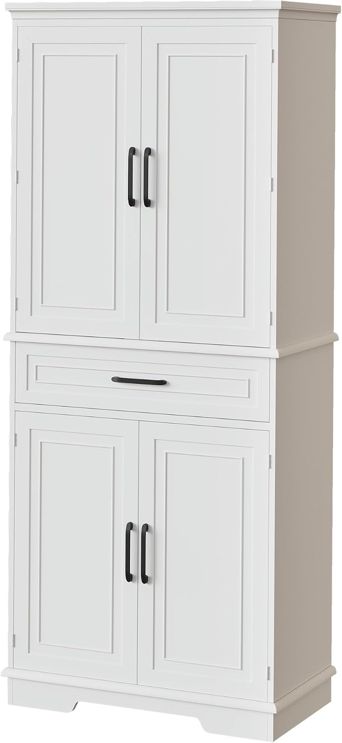 72in Tall Cabinet with Drawer, 6 Doors and Adjustable Shelves, Large Kitchen Pantry Storage Cabinet for Dining Room, Living Room, White