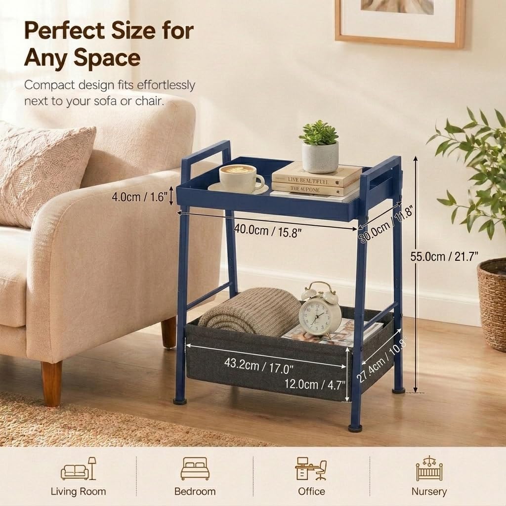 Small End Table with Fabric Storage Basket, 2-Tier Modern Metal Side Table with Tray Top, Unique Side Tables, Cute Coffee Table for Living Room, Bedroom, and Small Spaces, Navy Blue