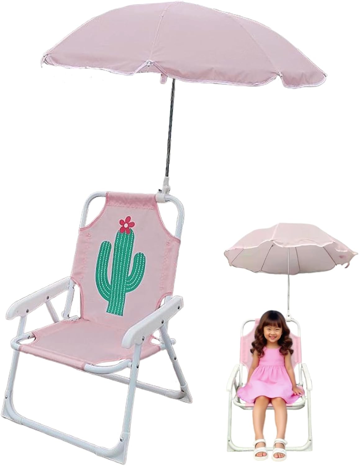 Kids Beach Chair with Umbrella, Foldable & Detachable Portable Oxford Cloth Cute Kids Beach Chair with Canopy for Outdoor Summer, Cactus