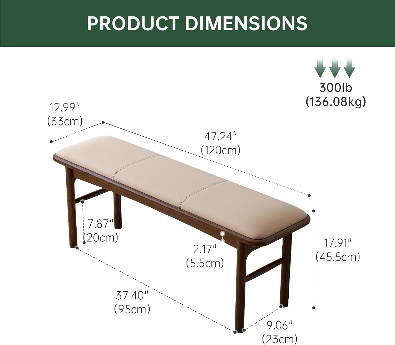 47" Solid Oak Dining Bench with Faux Leather Upholstered Seat, Mid Century Modern Entryway Bench, 13" Wide Padded Bed End Bench for Dining Room Kitchen Bedroom Hallway, Beige