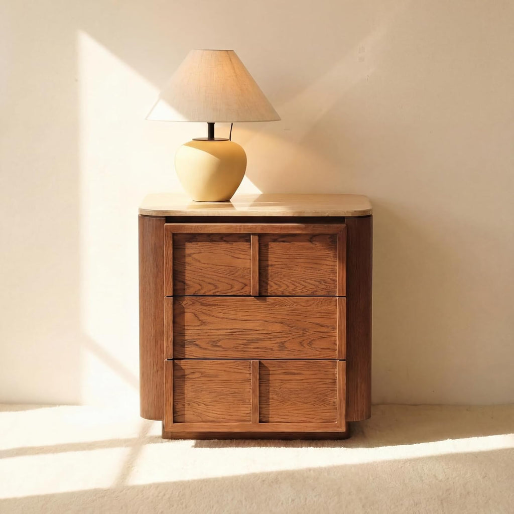 Hearth End Table with Travertine Top Oak Wood Nightstand with 3 Drawer Bedside Table Modern Wood Side Table with Storage White Oak Finish Brown Sofa Side Table for Living Room, Bedroom