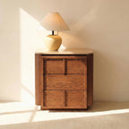 Hearth End Table with Travertine Top Oak Wood Nightstand with 3 Drawer Bedside Table Modern Wood Side Table with Storage White Oak Finish Brown Sofa Side Table for Living Room, Bedroom