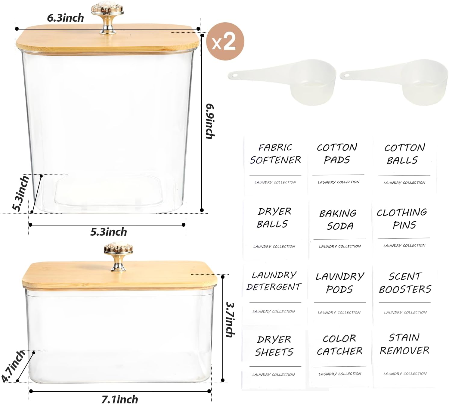 3 Pack Laundry Room Organization Storage Containers, Plastic Clear Laundry Pods Container & Dryer Sheet Holder Jars with Lids, Scoops & Labels for Detergent, Powder, Dryer Balls, Beads