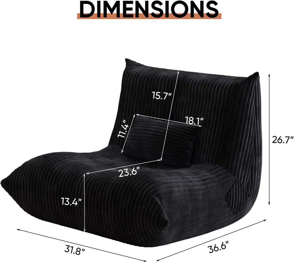Bean Bag Chair with Pillow, Giant Flannal Memory Foam beanbags Lazy Sofa for Audlts Fireside Chair Armless Chair for Living Room Bedroom Dorm Office (Black, Single Sofa)