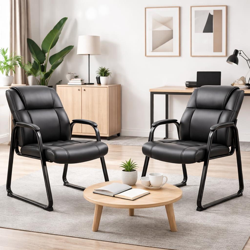 Office Guest Chair Set of 4, Leather Waiting Room Chair with Sled Base and Armrests, Reception Desk Chair No Wheels, Conference Room Chair for Office Lobby Clinic Home