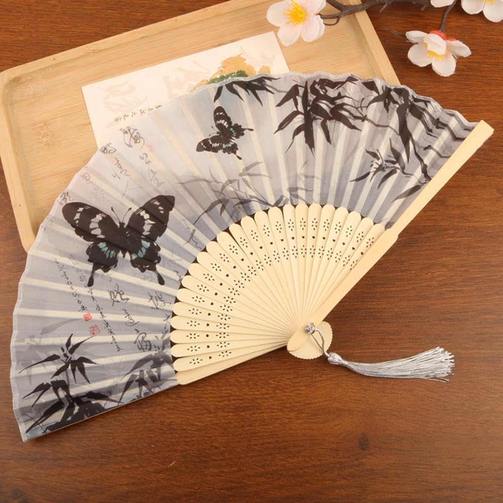 Chinese Style Antique Silk Folding Hand Fan, Elegant Dance Fan Art Crafts with Tassel Handheld Dance Fan Dance Props ﻿
