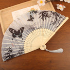Chinese Style Antique Silk Folding Hand Fan, Elegant Dance Fan Art Crafts with Tassel Handheld Dance Fan Dance Props ﻿