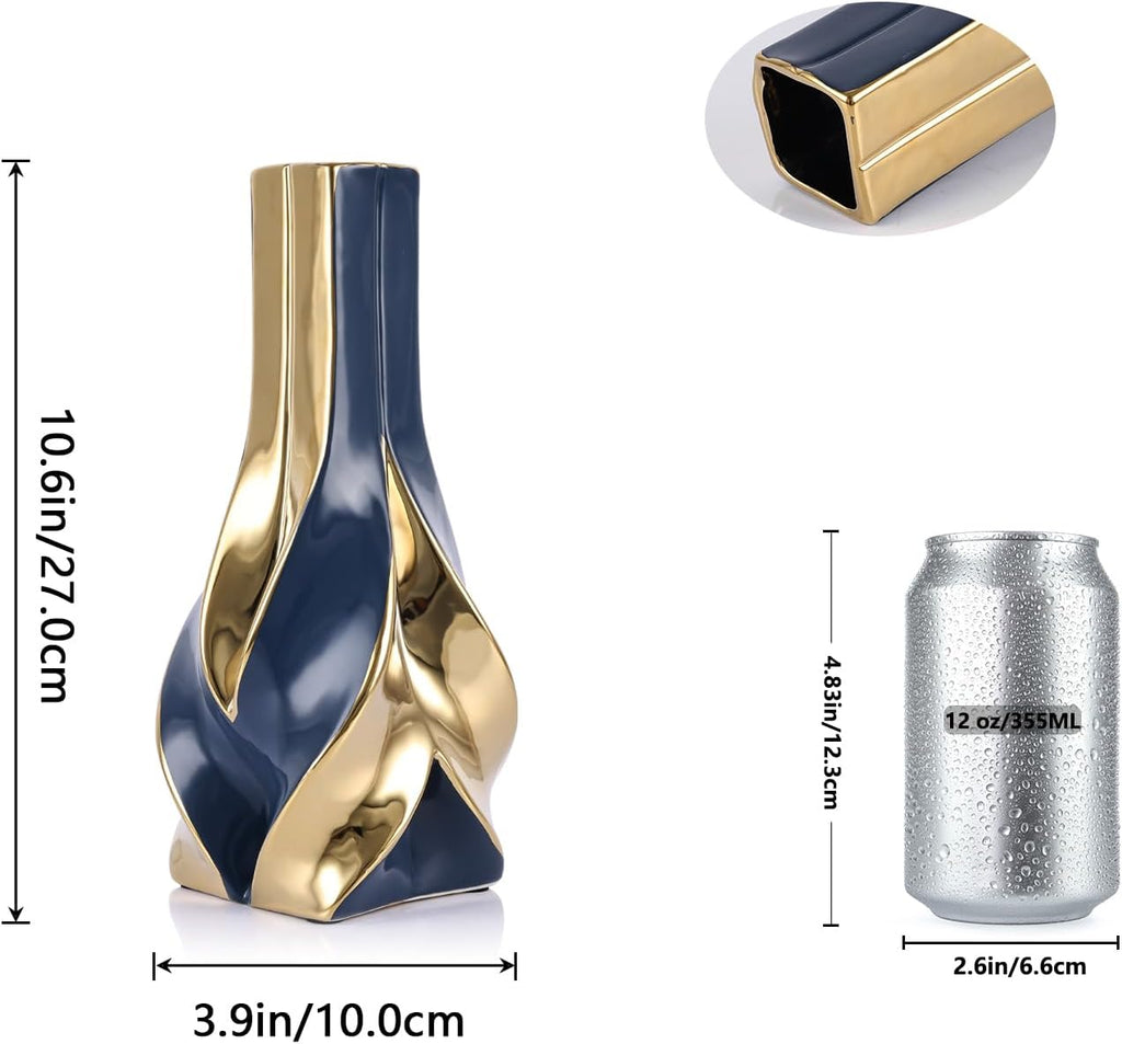 10.6" Blue and Gold Ceramic Vase, Modern Geometric Flower Vase for Dining Table Centerpiece, Elegant Decorative Vase for Pampas Grass, Living Room, Bedroom, Office, Tabletop Decoration