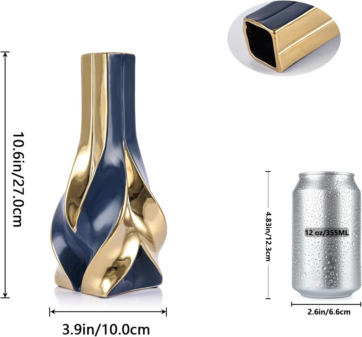 10.6" Blue and Gold Ceramic Vase, Modern Geometric Flower Vase for Dining Table Centerpiece, Elegant Decorative Vase for Pampas Grass, Living Room, Bedroom, Office, Tabletop Decoration
