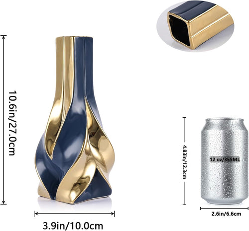 10.6" Blue and Gold Ceramic Vase, Modern Geometric Flower Vase for Dining Table Centerpiece, Elegant Decorative Vase for Pampas Grass, Living Room, Bedroom, Office, Tabletop Decoration