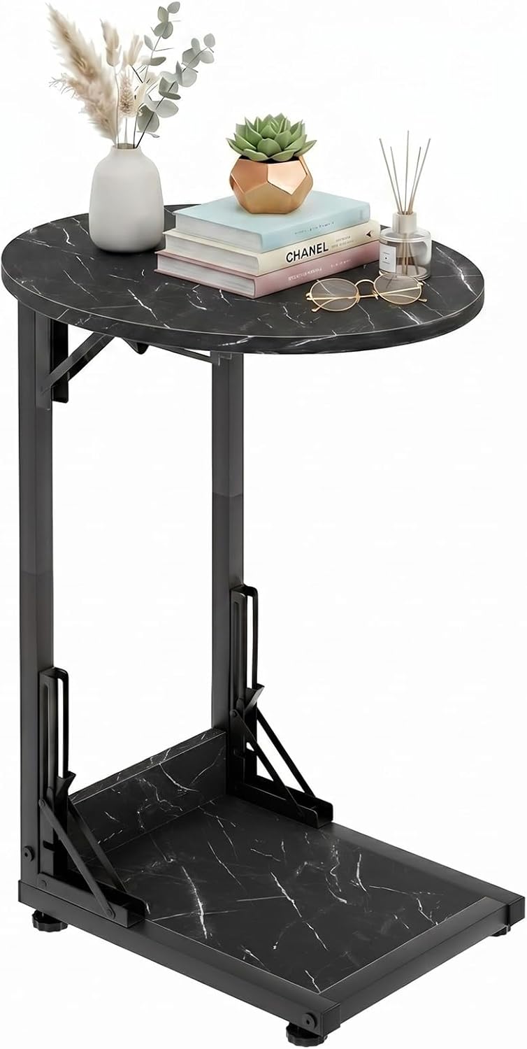 Folding Side Table, C Shaped End Table with Metal Frame, Round Couch Table & Slide Under Sofa TV Tray Table for Living Room, Bedroom, Small Spaces (Marble Black)