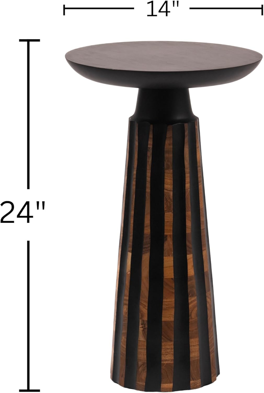 Modern Black & Walnut Wood Accent Table – Handcrafted Drum Pedestal Side Table for Living Room, Bedroom, or Office – Sleek Round Top with Textured Carved Base Black