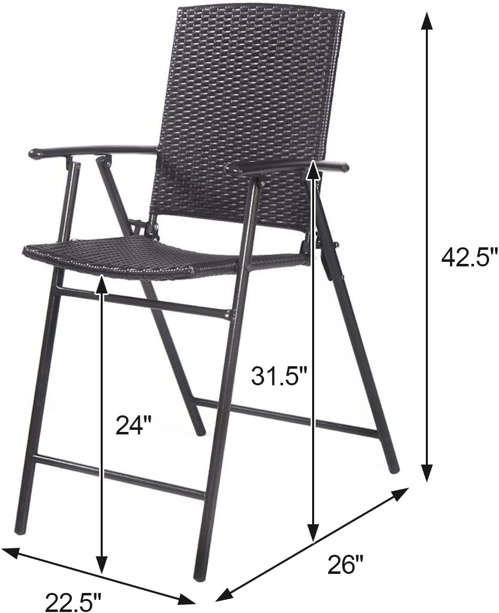 Tangkula 4 Piece Folding Patio Bar Chairs, Lightweight Portable Foldable Space Saving Wicker Bar Stools with Armrest & Footrest, for Lawn Patio Beach Garden Deck