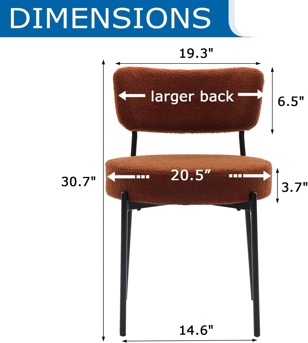 Boucle Dining Chairs Set of 2, Brown Mid Century Modern Kitchen Dining Room Chairs with Curved Backrest and Metal Frame, Round Upholstered Dining Chairs for Kitchen, Living Room