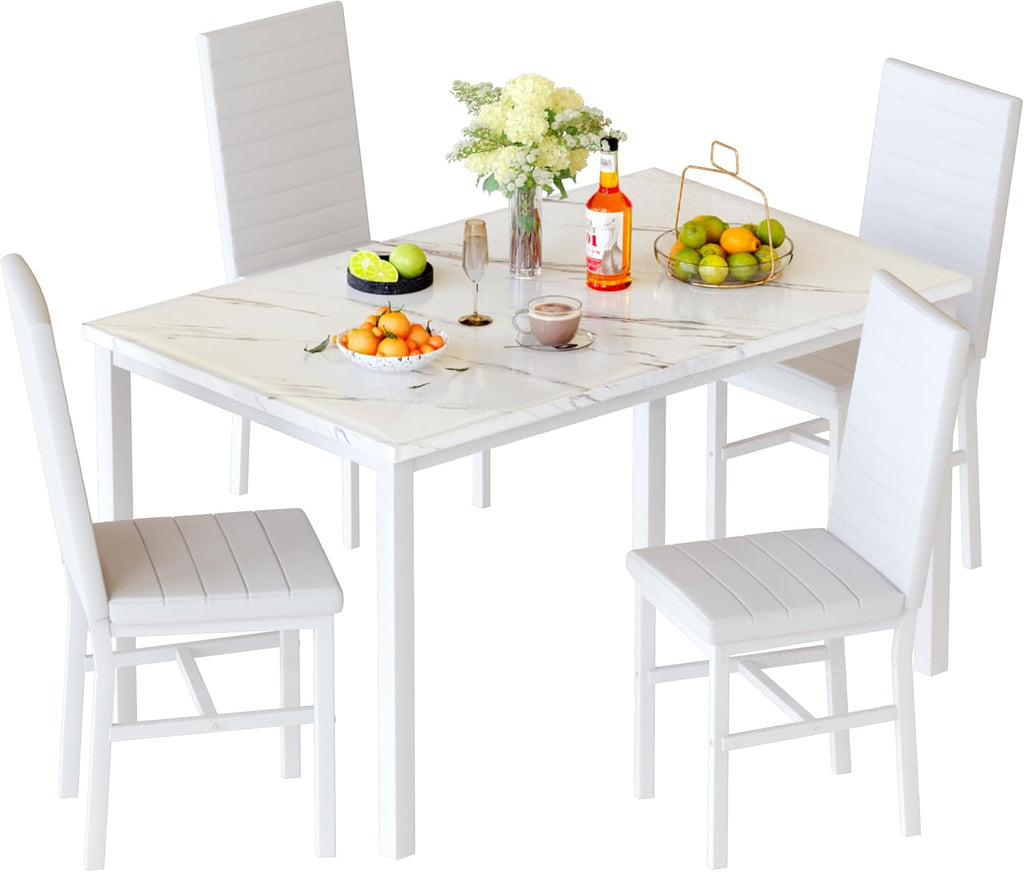 Hooseng Dining Table Set for 4, 5-Piece Faux Marble Dinner Table Set with 4 Upholstered PU Leather Chairs Kitchen Table Chairs Set Modern Space-Saving Dinette Set for Breakfast Nook Apartment White