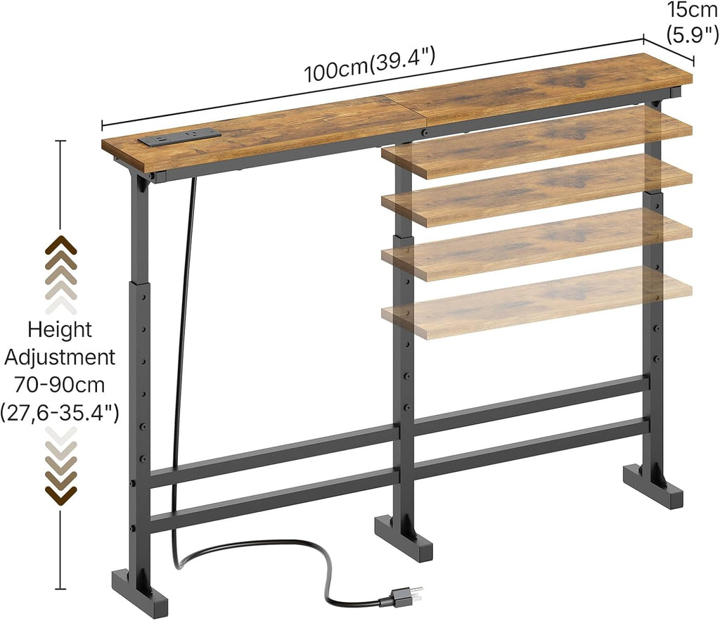 YATINEY 39.4" Console Table with Adjustable Height (27.6"-35.4") and Power Outlet, Skinny Behind Couch Table, Narrow Long Sofa Table for Living Room, Hallway, Entryway, Rustic Brown and Black CT33UBR
