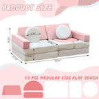 13PCS Modular Kids Play Couch with Washable Velvet Cover, Modular Couch for Boys and Girls, Convertible Foam and Floor Cushion for Nursery Playroom, Pink & Beige