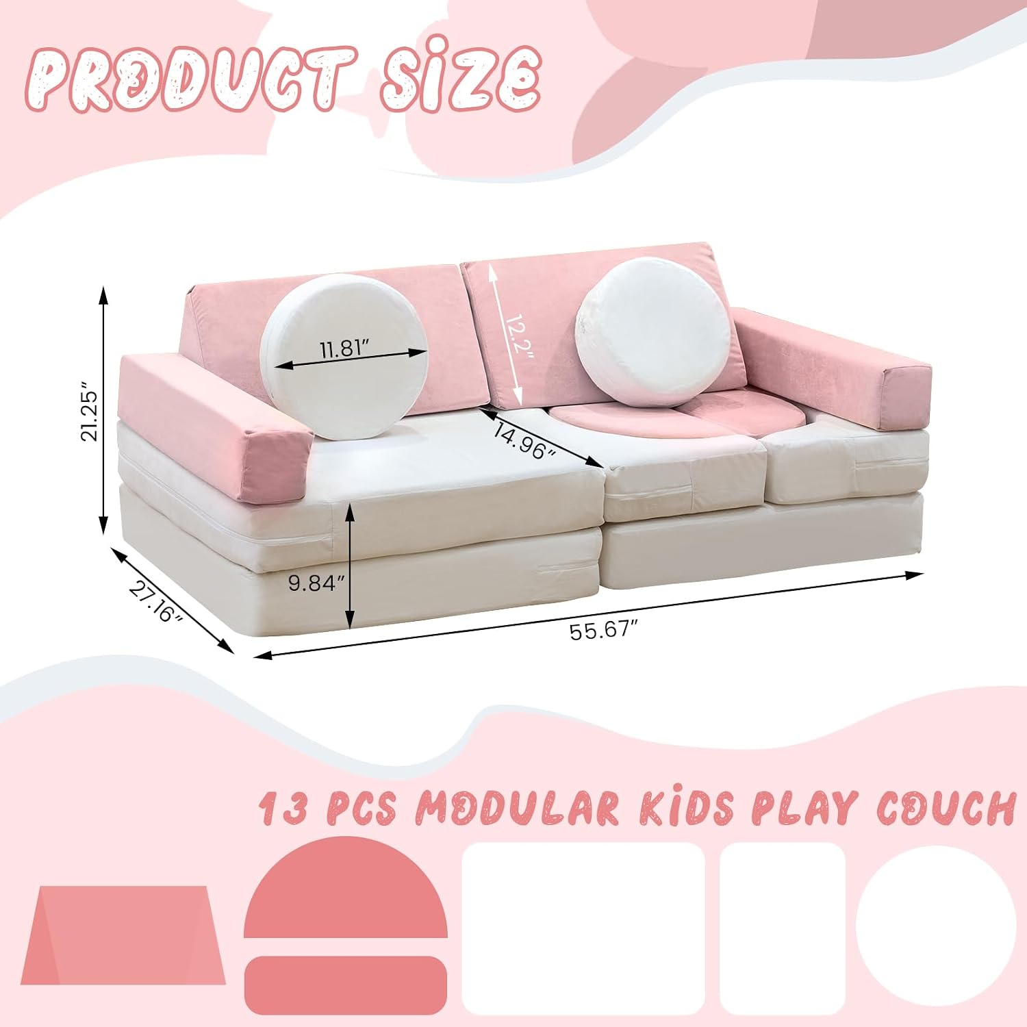 13PCS Modular Kids Play Couch with Washable Velvet Cover, Modular Couch for Boys and Girls, Convertible Foam and Floor Cushion for Nursery Playroom, Pink & Beige