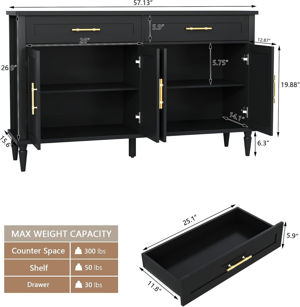 58 Inch Sideboard Buffet Cabinet with Storage, Fluted Buffet Storage Cabinet with 2 Drawers and 4 Doors, Modern Coffee Bar with Adjustable Shelves for Living Room, Kitchen (Black)