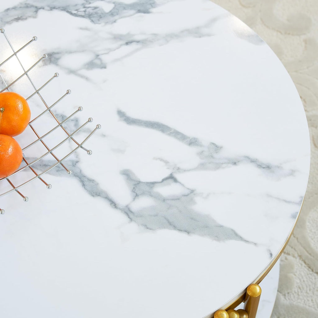 3 Piece Living Room Table Set, Faux Marble Round Coffee Table and End Tables, Luxury Modern White Coffee Table Set of 3 with Gold Metal Frame for Living Room, Bedroom, Apartment