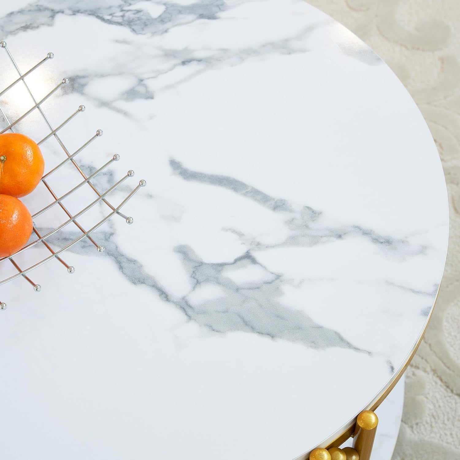 3 Piece Living Room Table Set, Faux Marble Round Coffee Table and End Tables, Luxury Modern White Coffee Table Set of 3 with Gold Metal Frame for Living Room, Bedroom, Apartment