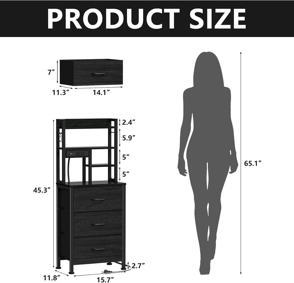 Furnulem Black Nightstands Set of 2, Tall Night Stand with Charger Station | 3 Fabric Drawers and Led Lights, USB Ports & type-C, 4-Tier Storage Shelves, Tall Bed Side Table for Bedroom/Dorm/Office