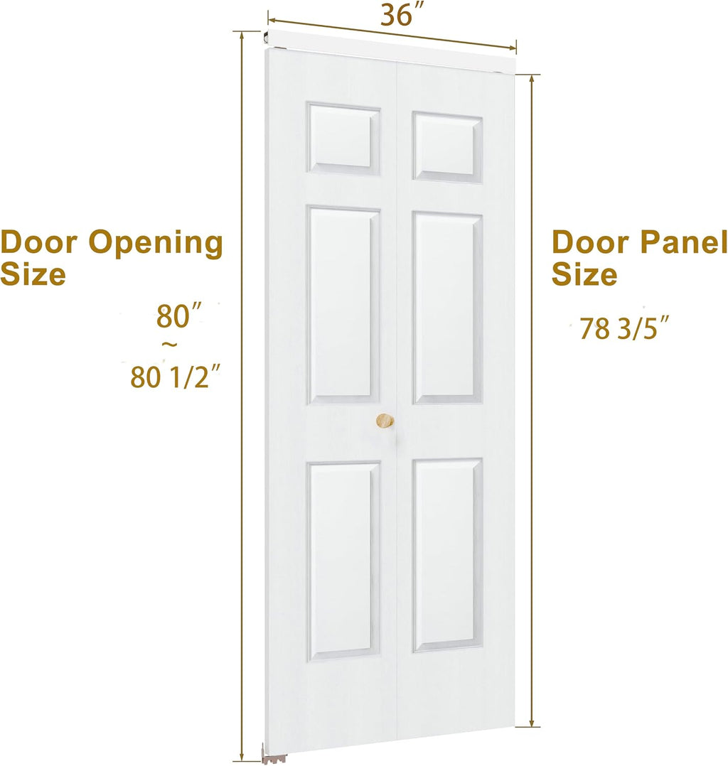 Bifold Doors for 36" x 80" Opening, 6 Panel White Primed Closet Doors with Concealed Hardware Kit, Hollow Core Interior Folding Barn Door Panels for Laundry, Pantry & Bedroom