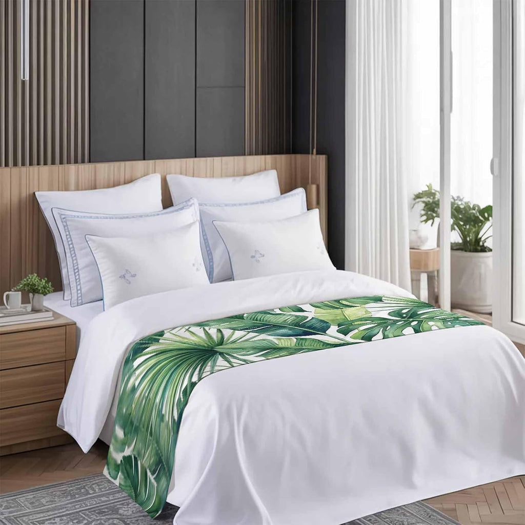Tropical Monstera Leaves Bed Runners Country Botanical Palm Leaf Green Bed Throws for Foot of Beds, Decorative Bedrunners & Scarves Luxury Bedding End Blanket Protector Slipcover Home, 71"x20"