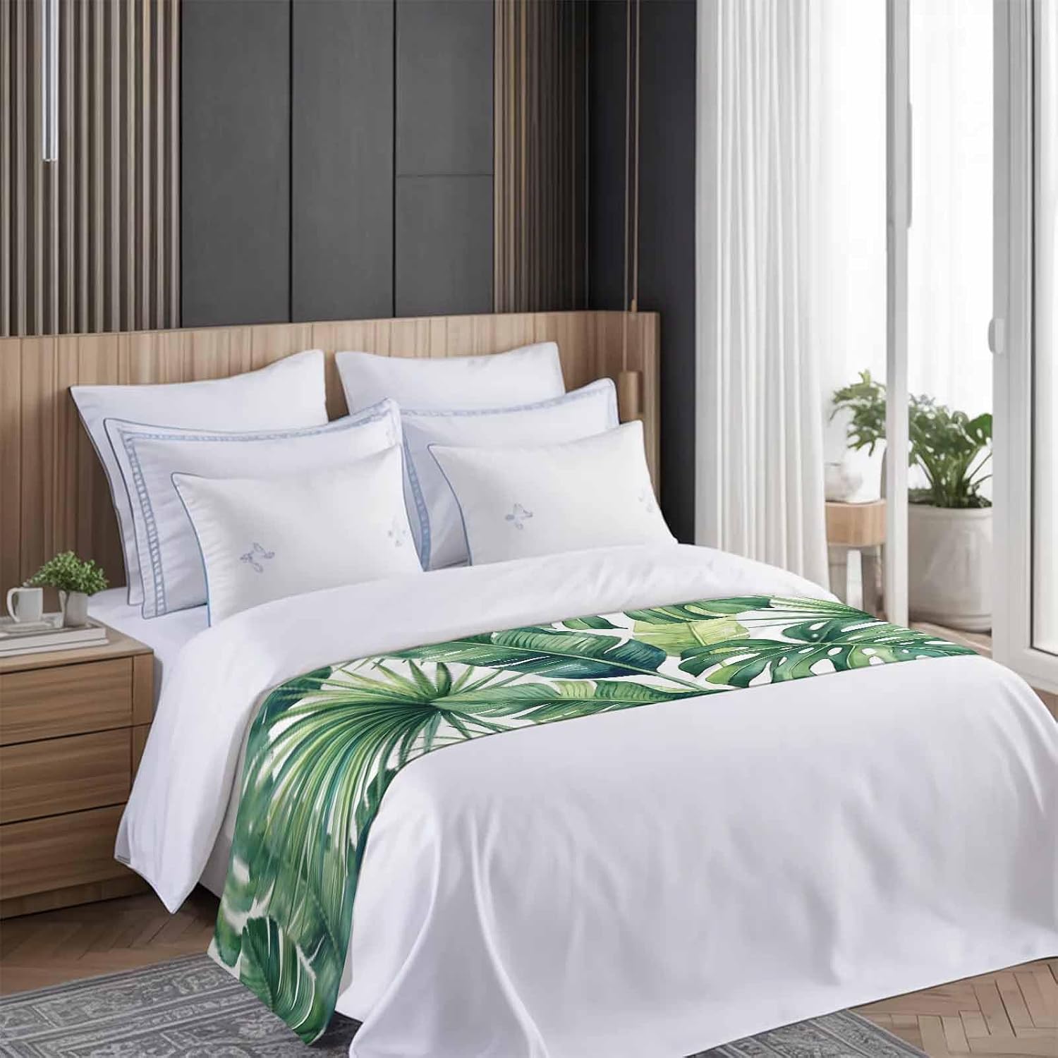 Tropical Monstera Leaves Bed Runners Country Botanical Palm Leaf Green Bed Throws for Foot of Beds, Decorative Bedrunners & Scarves Luxury Bedding End Blanket Protector Slipcover Home, 71"x20"